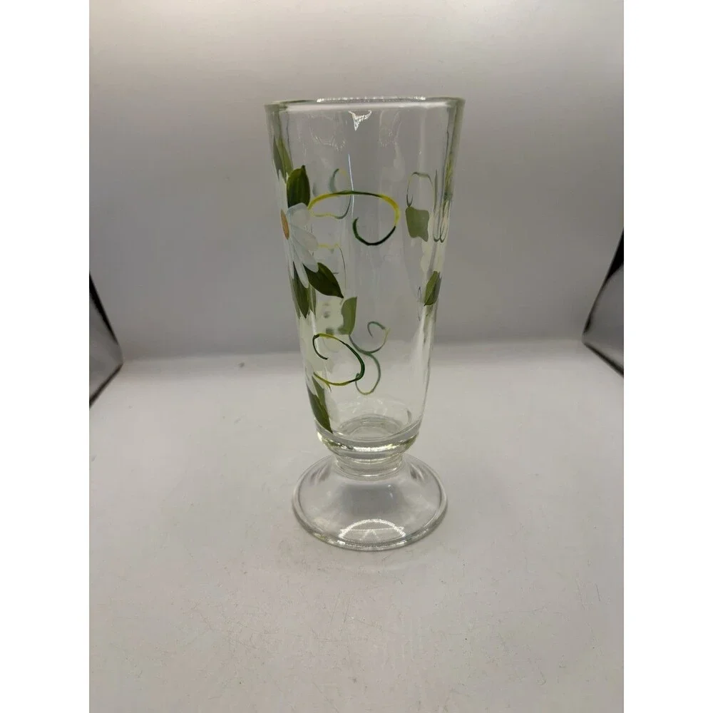 Footed Glass Vase Adorned With Hand Painted Daisies Heavy Glass 7.5” Tall